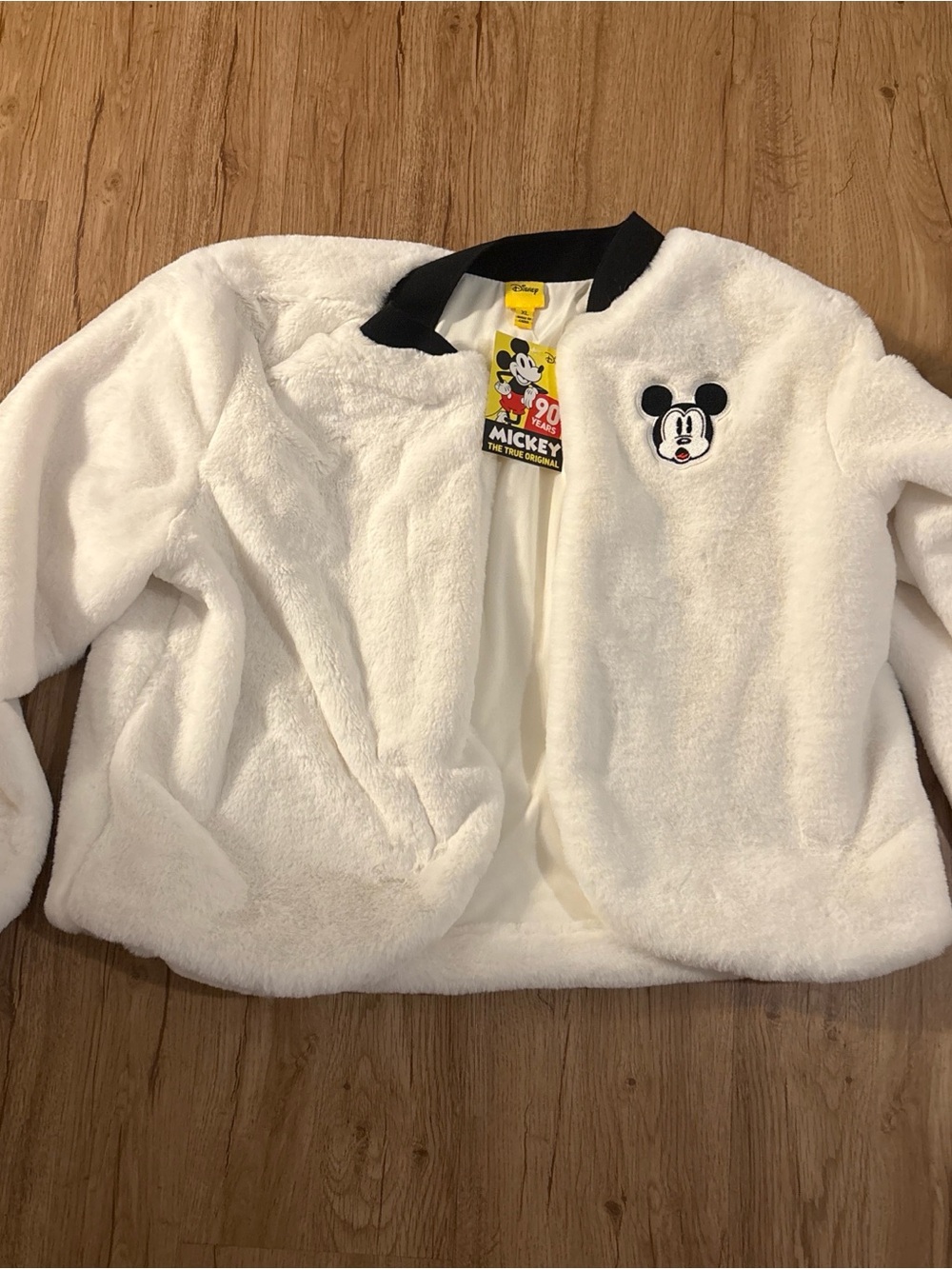 Disney White Plush Jacket with Black Collar and Mickey Patch
